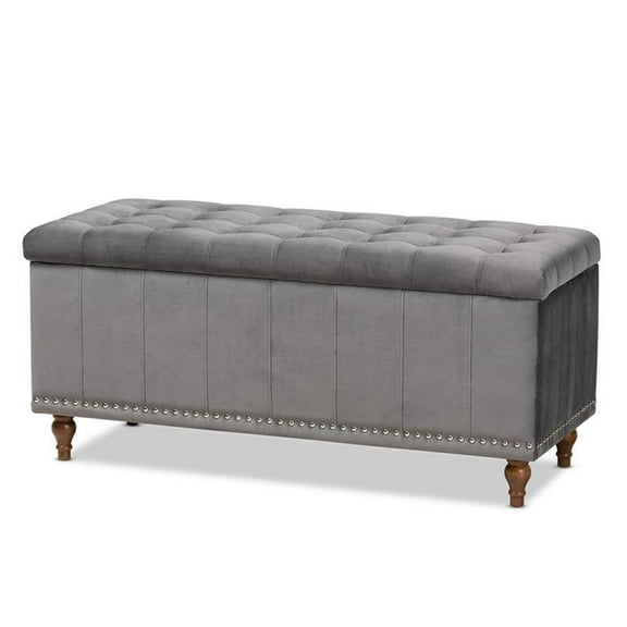 Bowery Hill Grey Velvet Upholstered Storage Ottoman Bench