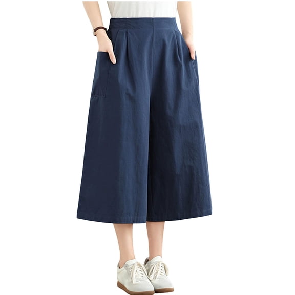 yeiolnoer Culottes for Women Casual High Waisted Capri Pants with Pockets Flowy Wide Leg Pant Fashion Clothing