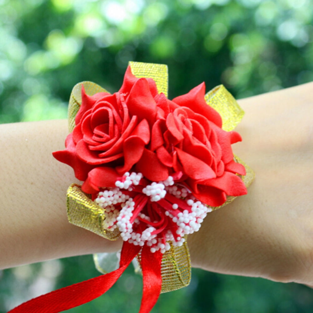 1PCS Bridesmaid Wrist Corsage Wedding Party Rose Bracelet Silk Flowers RibbonSPU 