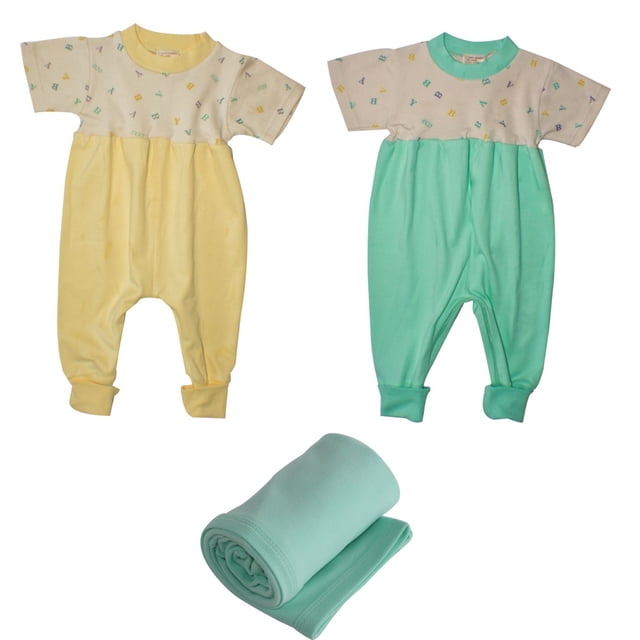 Monos de algodón orgánico con entrepierna que se cambian fácilmente - Mono con cremallera 1 verde menta y 1 amarillo, manta menta 0-6 m Healthy Body Head To Toe ZIPSMINTYELLBKMINT6M