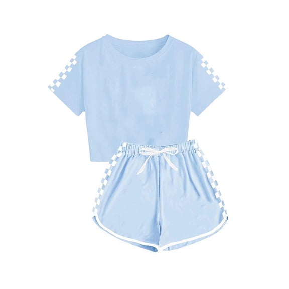 Cethrio Girls Athletic Outfit Sets 2 Piece, Summer Color Block Short Sleeve Kids' Activewear Clothing Sets Sky Blue Size 7-8 T