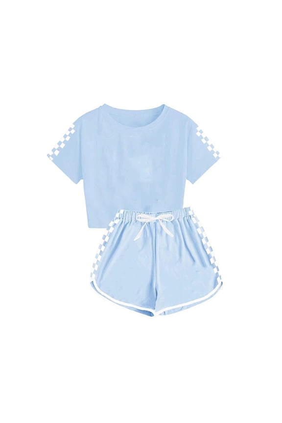 Girls Checkered Short Sleeve Crop Top and Gym Shorts Two Piece Outfit Set,Sky Blue,Size 10 T