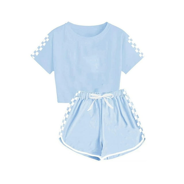 hengsof Kids Solid Color and Check Print Short Sleeve Set, Round Neck Top and Elastic Waist Shorts, Two Piece Casual Summer Outfit for Play