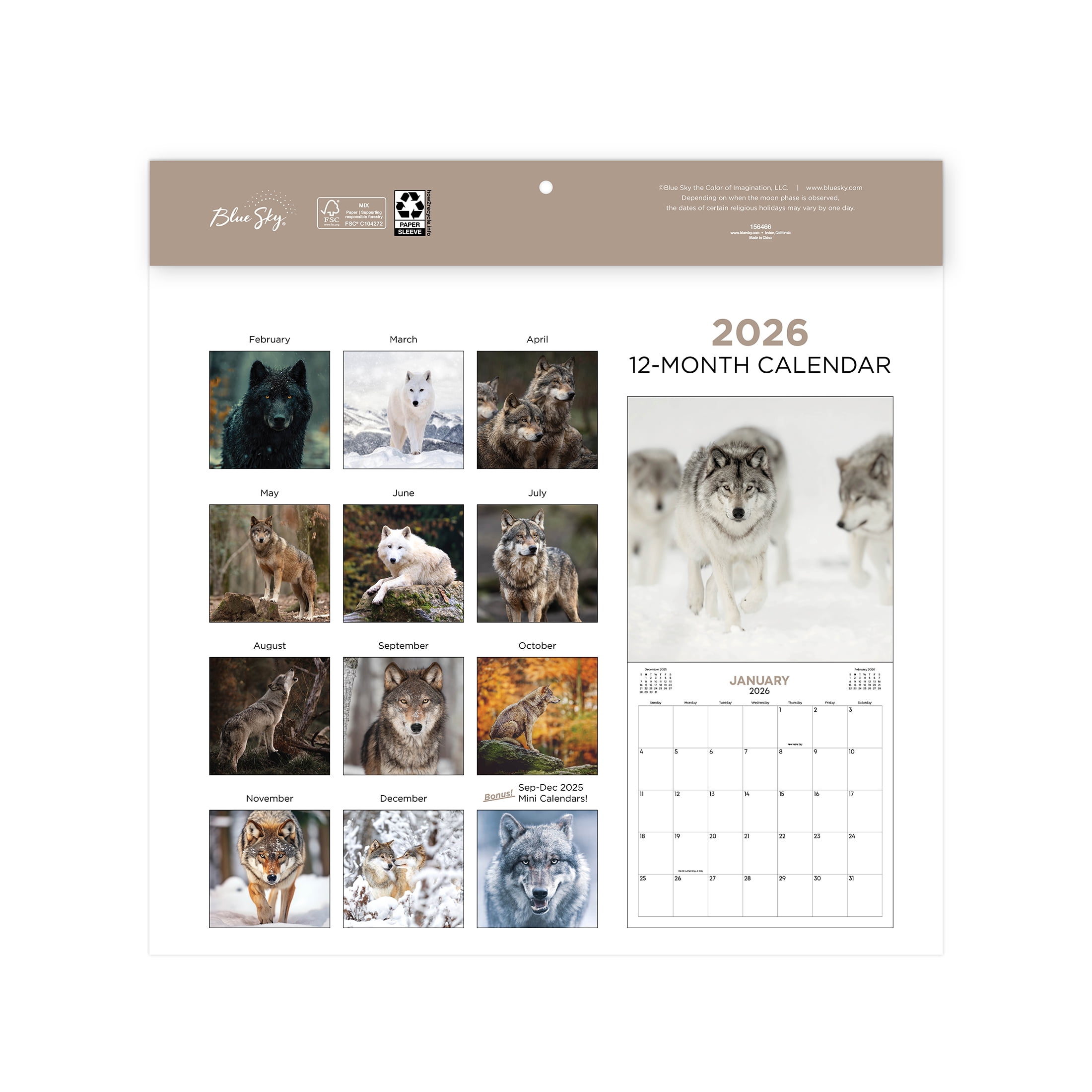 Blue Sky Monthly Stapled Calendar 12" x 12" Wolves (Jan 2026 - Dec 2026)