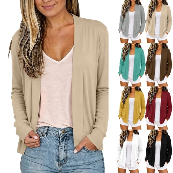UQJfacai Knit Cardigan Sweater For Women Classic Long Sleeve Open Front Lightweight Jacket Fall Layering Outwear