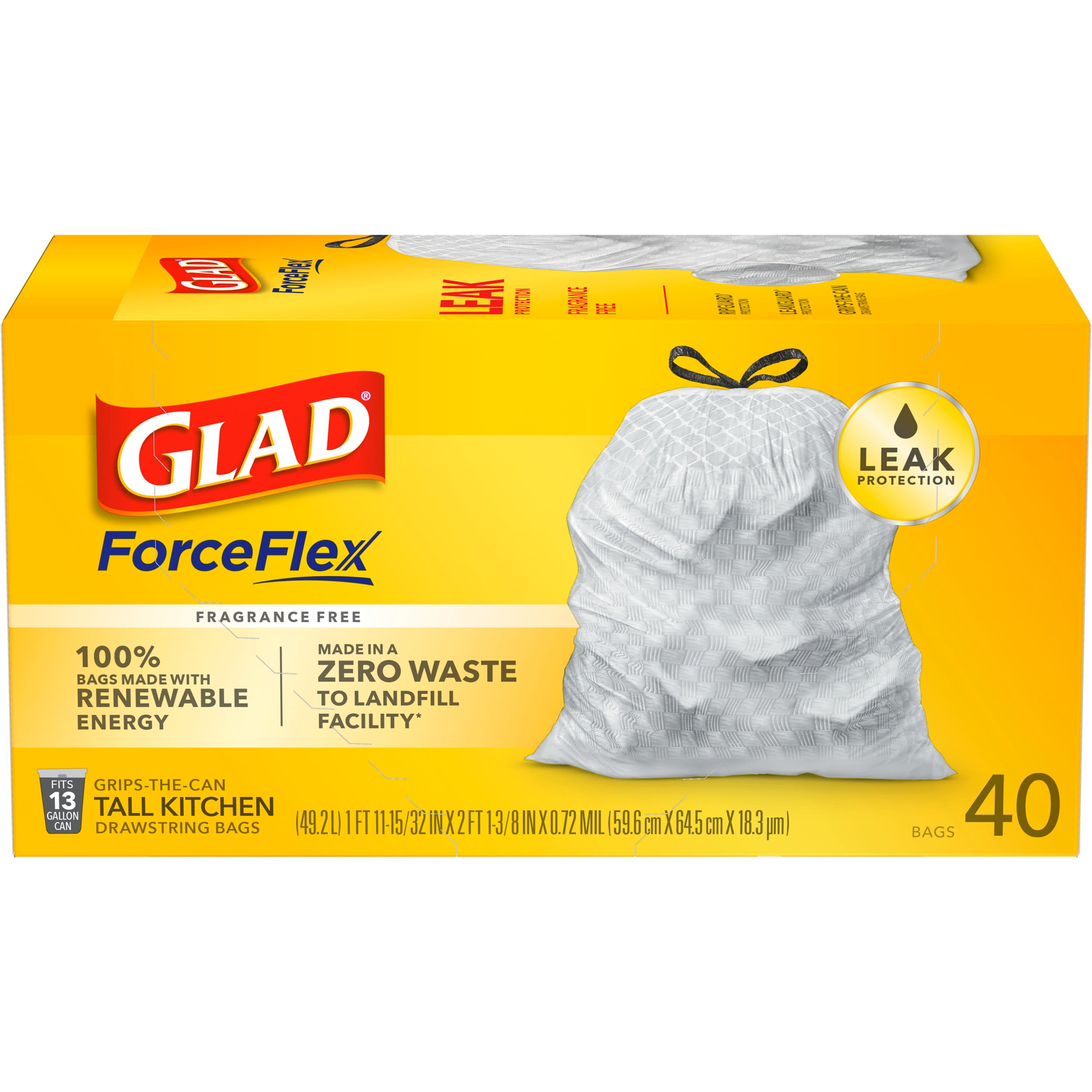 Glad ForceFlex 13 Gallon Tall Kitchen Trash Bags, Unscented, 40