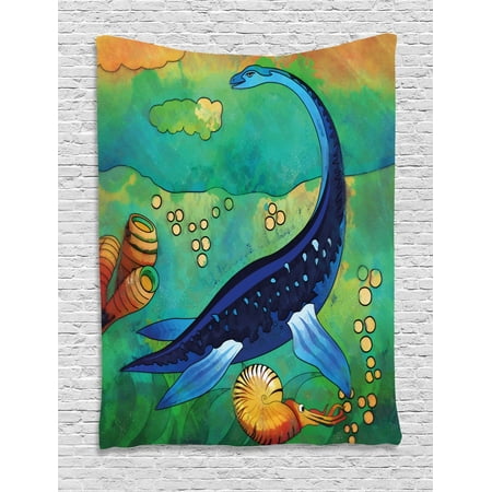 - Dinosaur Tapestry, Ancient Wild Sea Creature Plesiosaurus in Its Underwater Habitat, Wall Hanging for Bedroom Living Room Dorm Decor, 40W X 60L Inches, Jade Green Navy Blue Orange, by Ambesonne