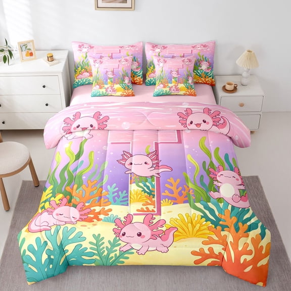 Manfei Cute Axolotl 7-Piece Twin Bedding,Monogrammed T Print Bedding Comforter Set,Pink,Pink Reversible