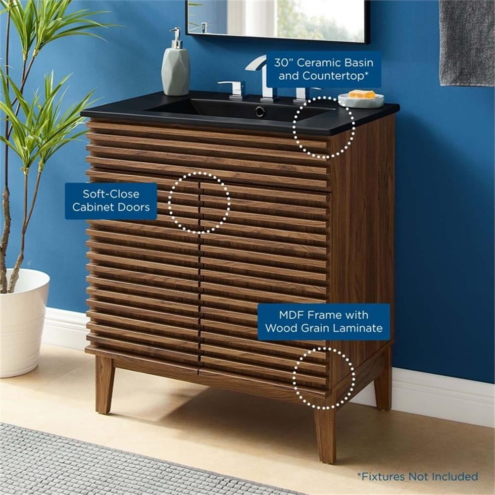 Pemberley Row Wood and Ceramic Walnut and Black Bathroom Vanity Rectangular Adjustable Shelf 30" Unassembled