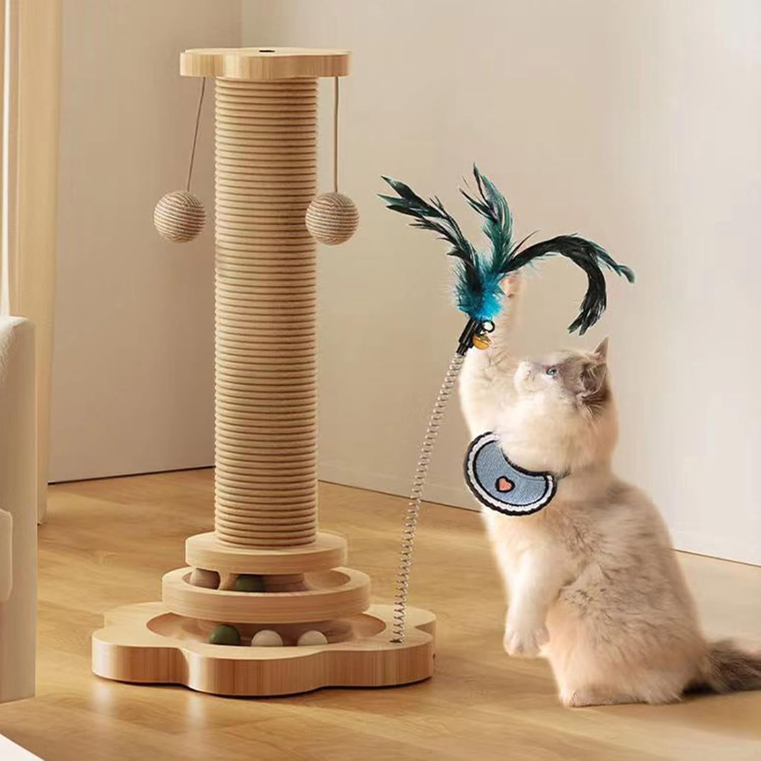 Cat Scratching Post, 4 in 1 Wooden Cat Scratcher Toy, 15.75" Tall Scratch Post with 2 Level Cat Track Balls, Interactive Cat Feather Toy and 2 Sisal Hanging Balls for Indoor Kittens