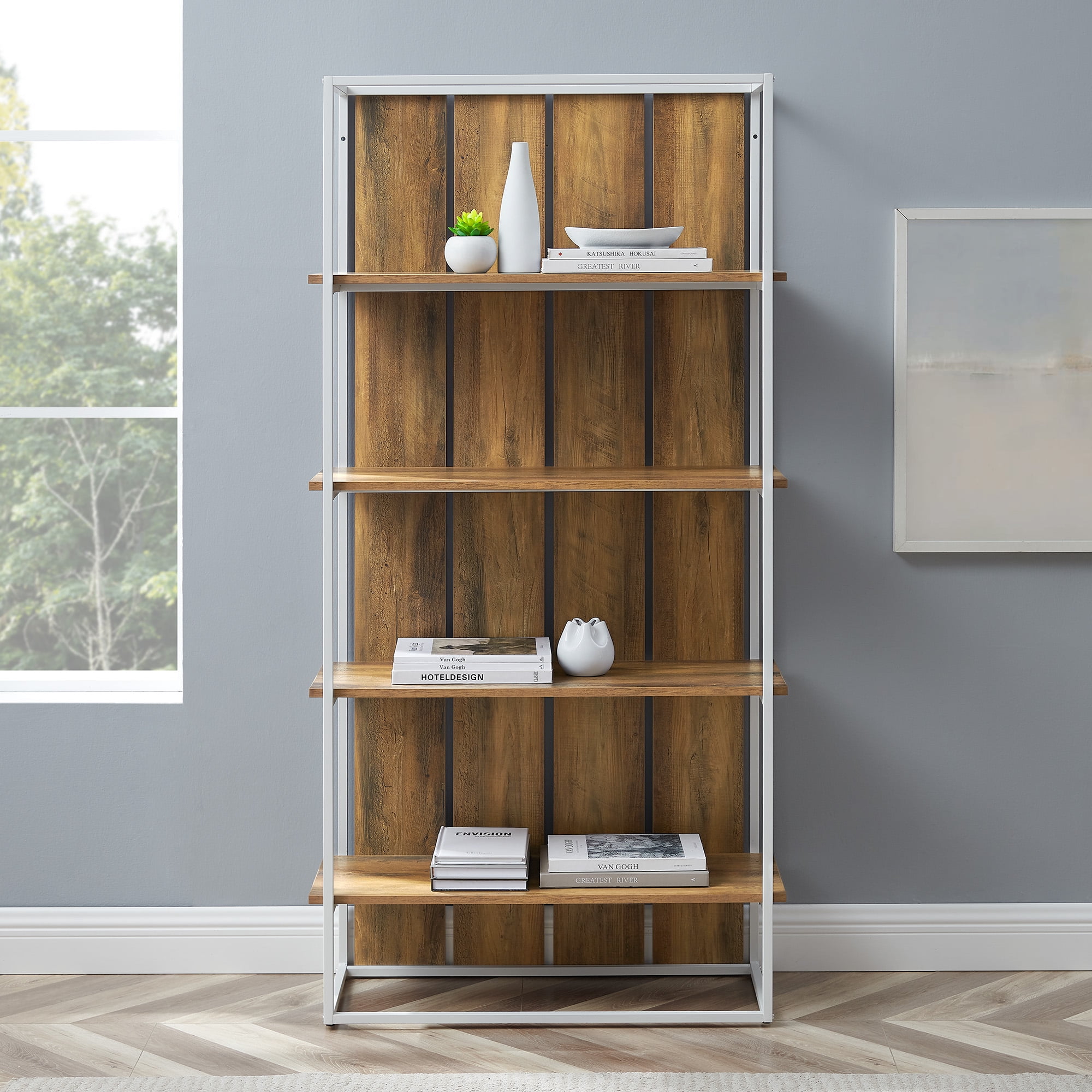 Woven Paths 64" Farmhouse 4 Shelf Bookcase, Reclaimed Barnwood/White