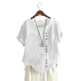 thumbnail image 4 of TODOZO Womens Button Down Shirts Breathable Loose Short Sleeve Cotton Linen Summer Causal Blouses Tops Women's Retro Round Neck Button Cotton Linen Loose Casual Shirt Top T Shirt Beach Casual White L, 4 of 7