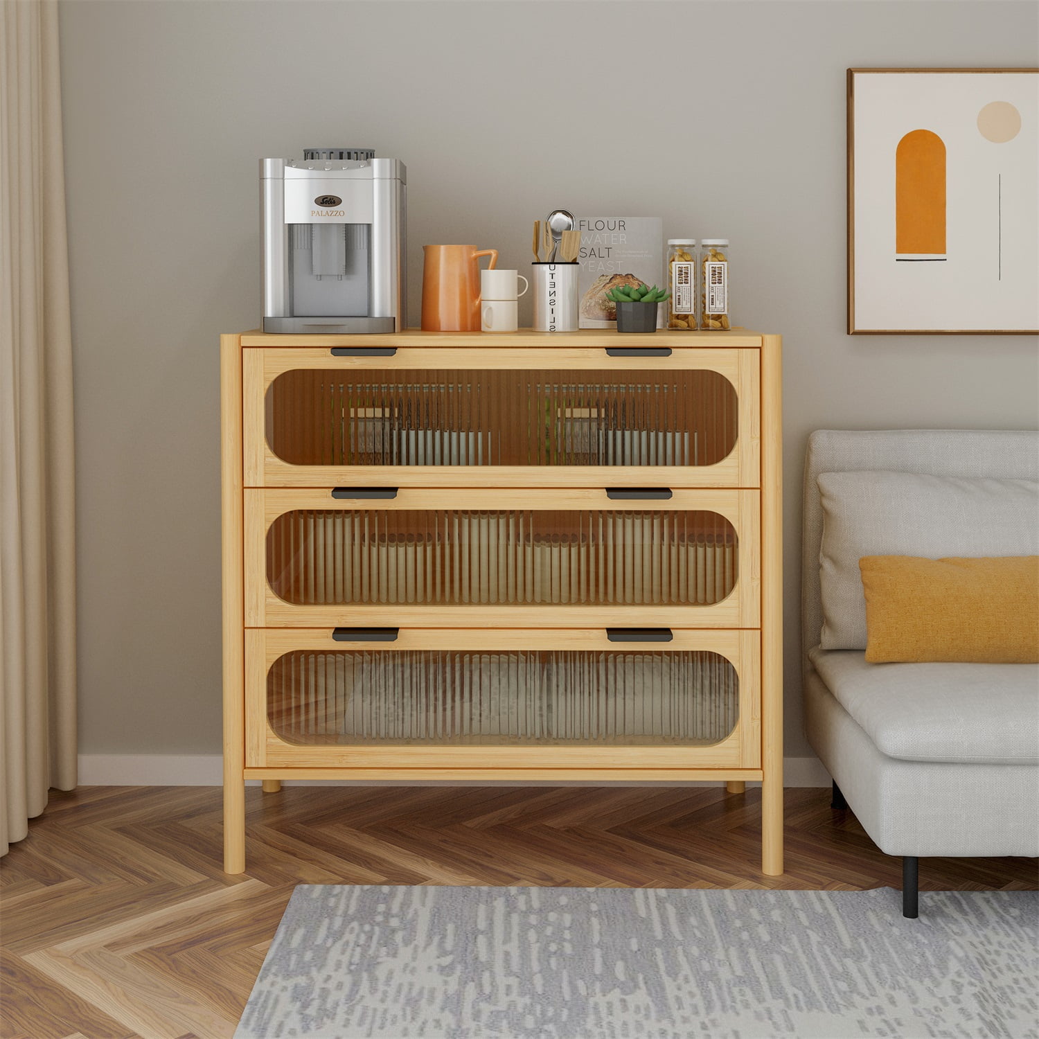 Kadyn Bedside End Table, Bamboo Bedside Table with 3 Drawers, Modern Accent Side Table for Bedroom, Living Room, Barnwood