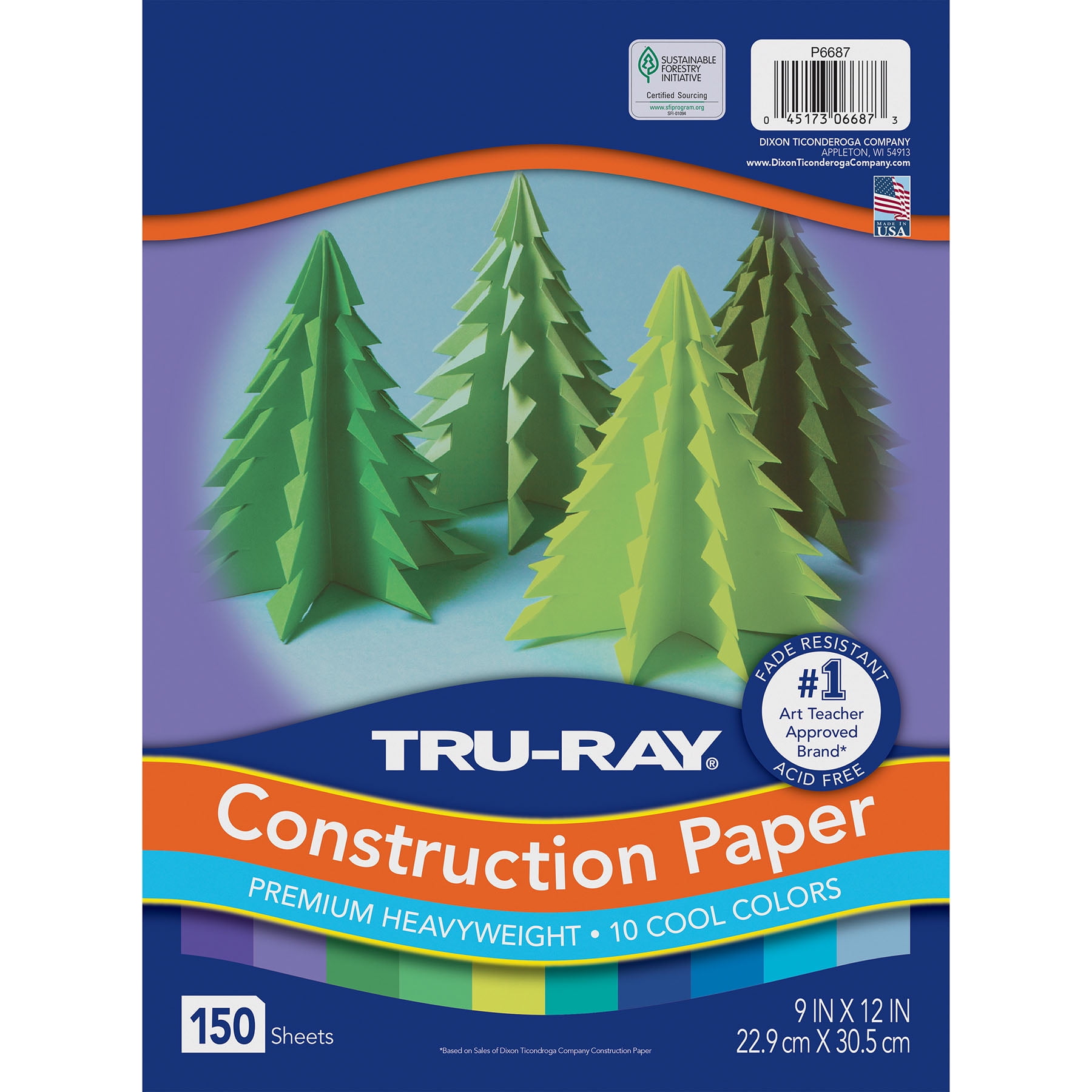 Tru-Ray Construction Paper, Heavyweight, Cool Assorted, 9" x 12", 150 Sheets Per Pack, 3 Packs