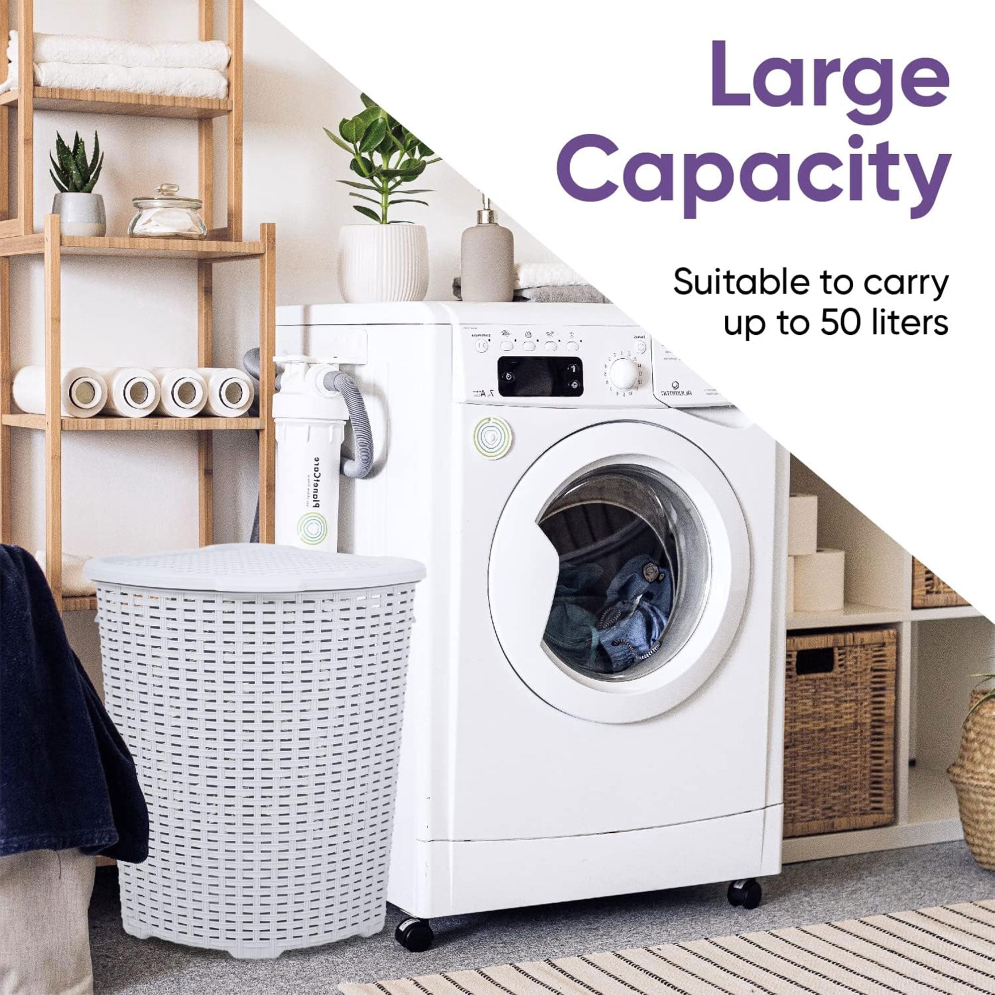Superio 50L Wicker Plastic Corner Laundry Hamper with Lid - White Smoke