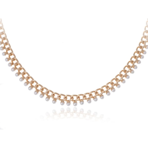 Golden Tone Chic Girly Chunky Chain with Faux White Pearls Adj Fashion Necklace