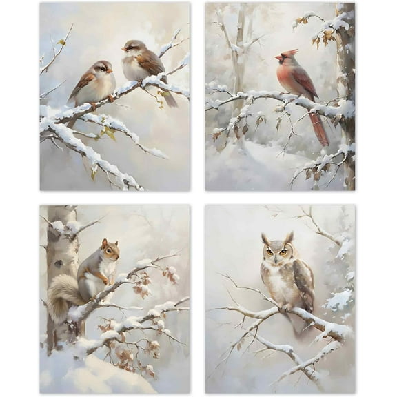 Hieng Vintage Winter Christmas Posters Prints Unframed Set of 4, Rustic Christmas Tree Wall Art Prints Decor for Living Room Bedroom Reading Nook Corner, Santa Claus Books Wall Pictures