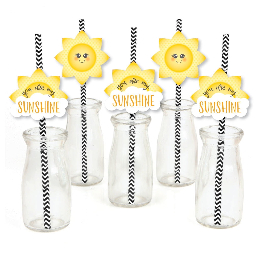 You Are My Sunshine Paper Straw Decor - Baby Shower or Birthday Party Striped Decorative Straws - Set of 24
