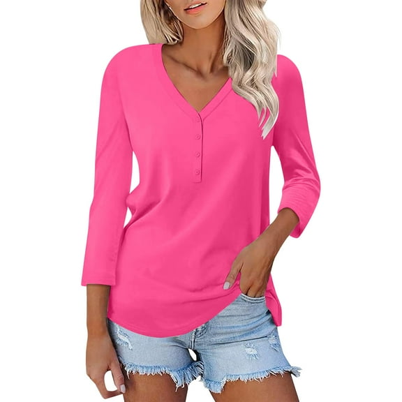 Seductiva Basic T Shirts Women's Fashion Shirt V Neck 3/4 Sleeve Button Top Casual Floral Print Blouse Comfy Casual Vacation Workout Clothes Womens Tops