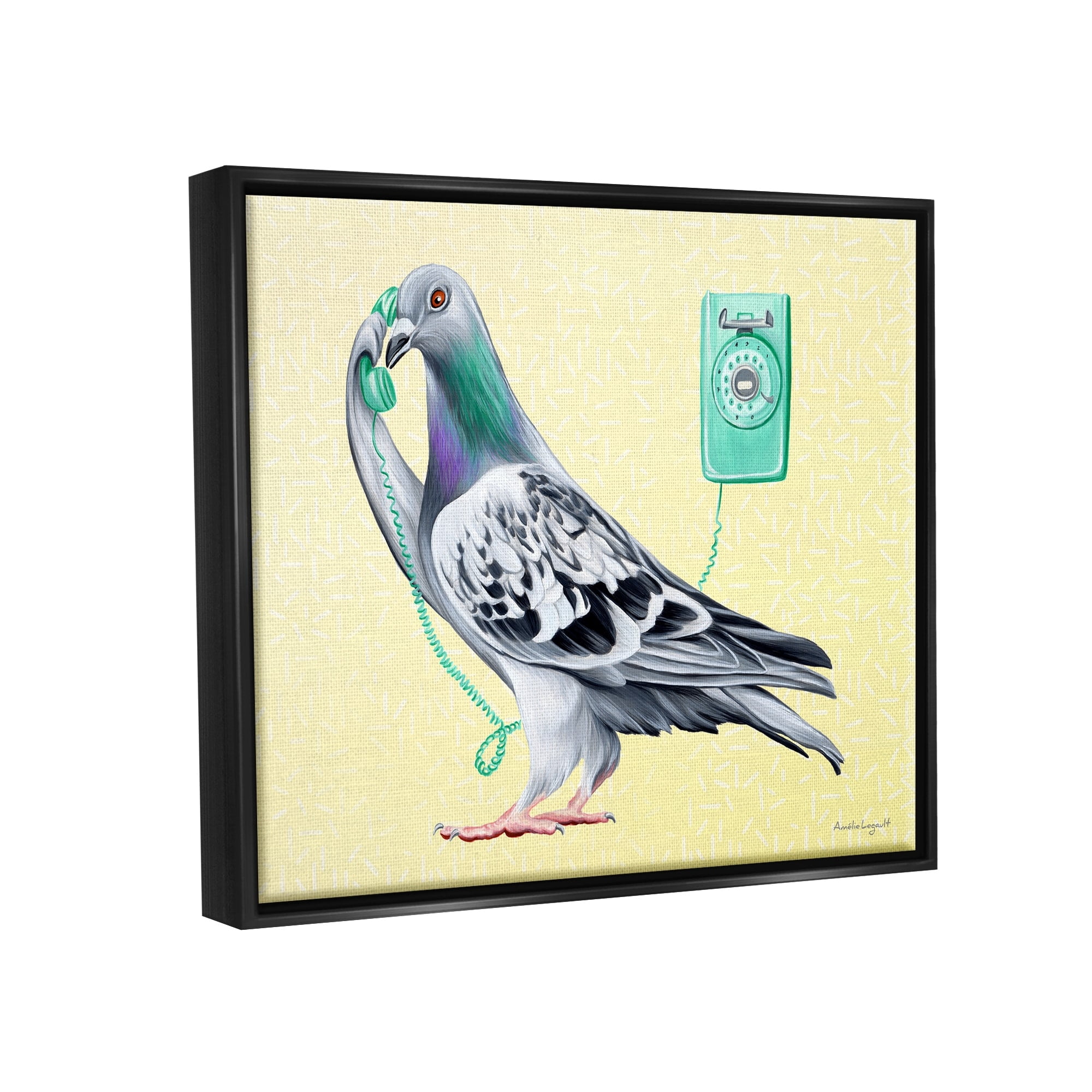 Stupell Industries Pastel Pigeon Vintage Phone Call Yellow Background Graphic Art Jet Black Floating Framed Canvas Print Wall Art, Design by Amelie Legault