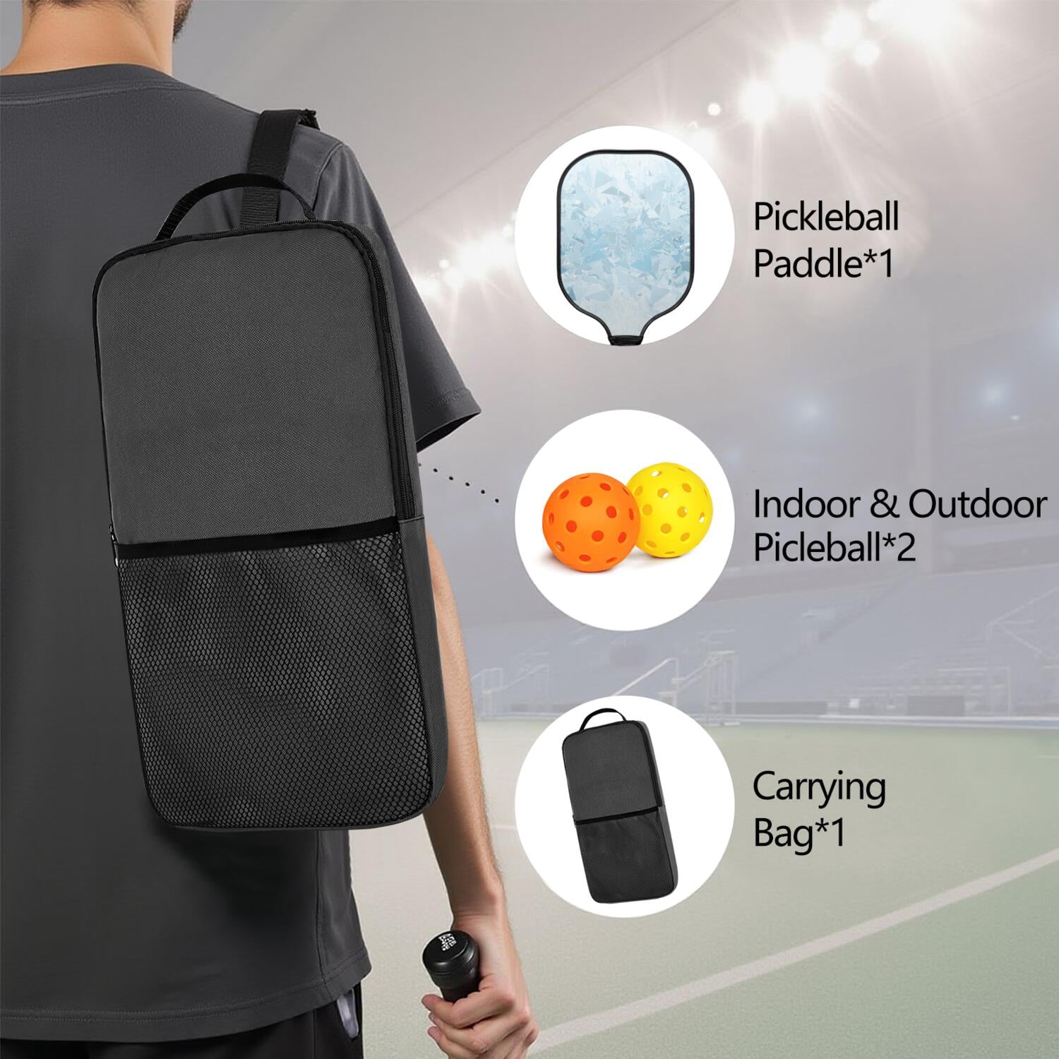Pickleball Paddles Set Of 1, Fiberglass Surface, Ice Crystal Print, 1 Paddle, 2 Balls & Bag