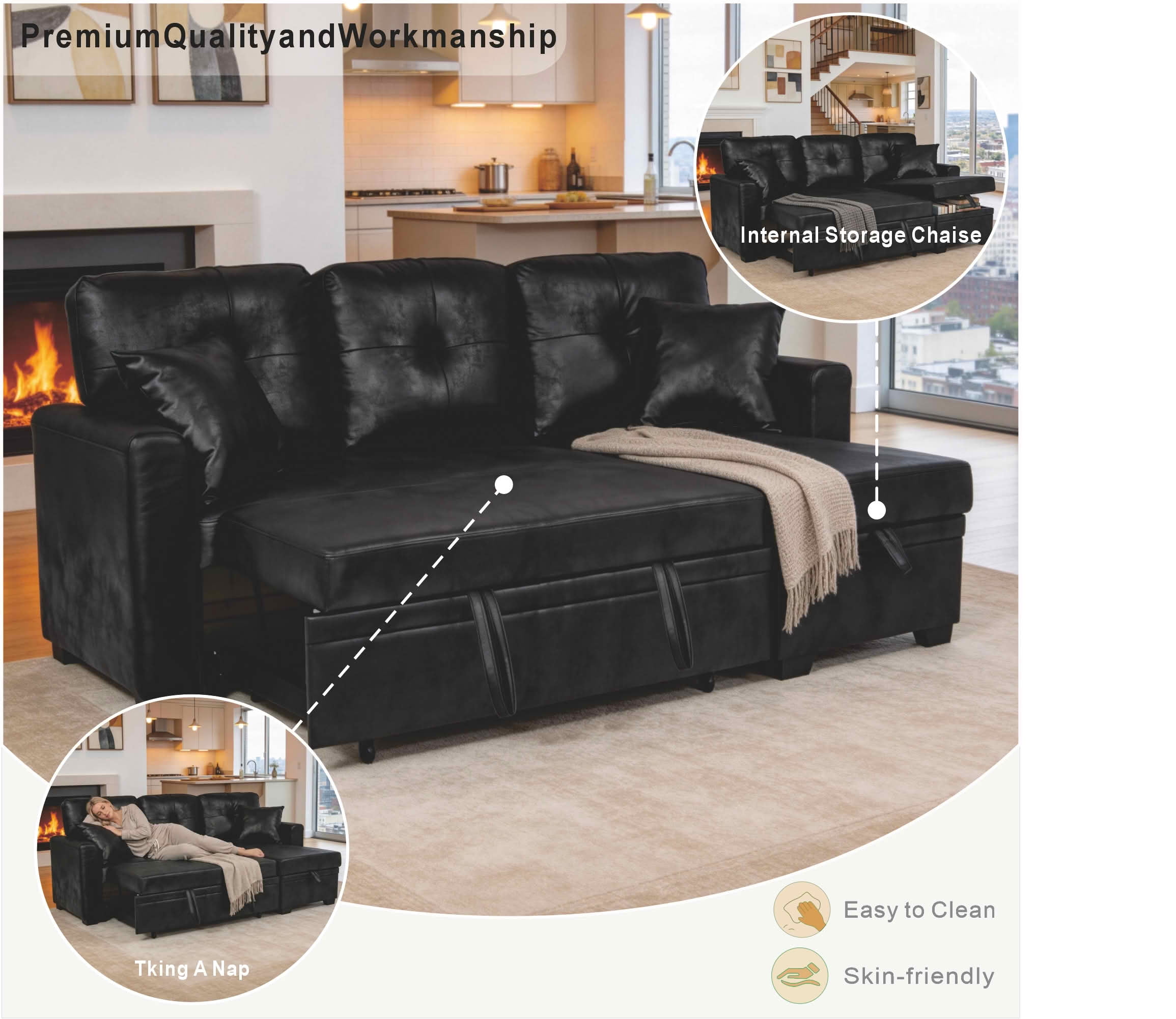 MAYEERTY 71" Breathable Fabric Sleeper Sectional Sofa, L-Shaped Convertible Pull-Out Sofa Bed with Reversible Chaise & Hidden Storage, Multi-Functional