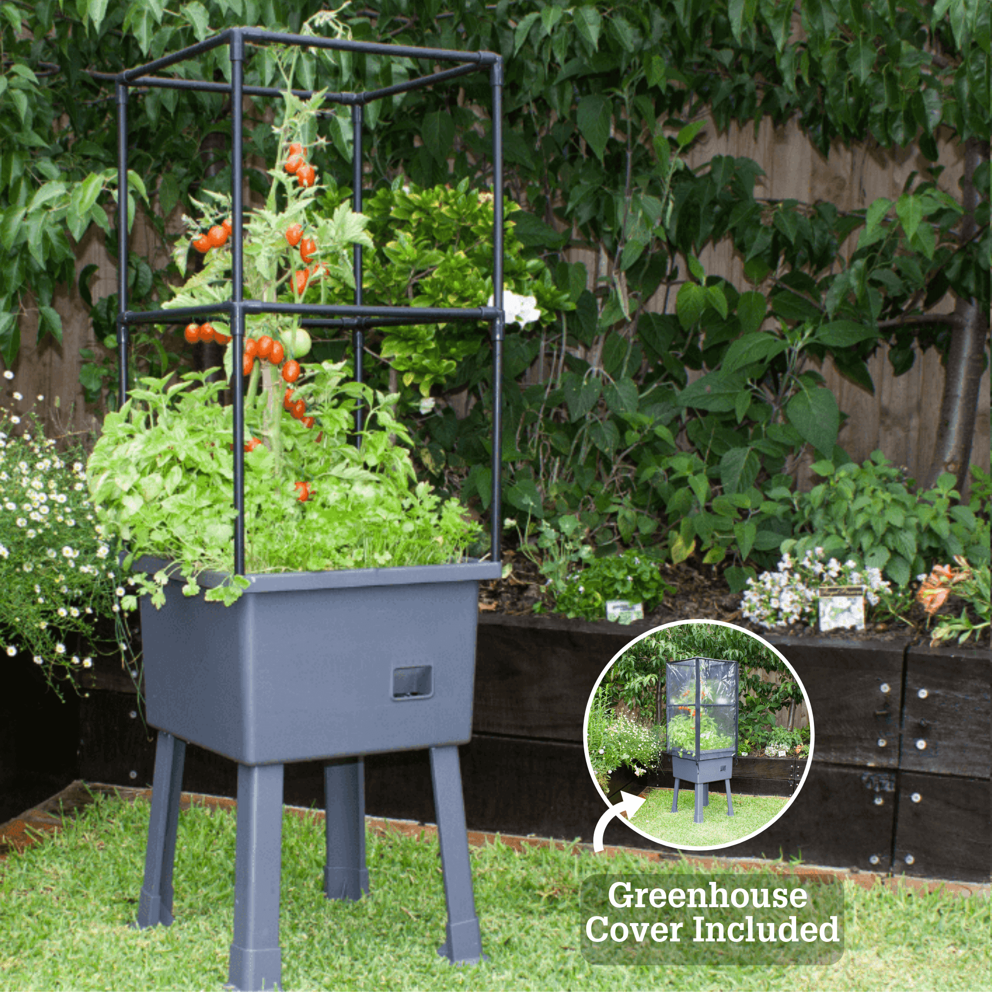 Frame It All Patio Ideas - 15.75" x 15.75" x 63" Self-Watering Elevated Planter with Trellis Frame and Greenhouse Cover