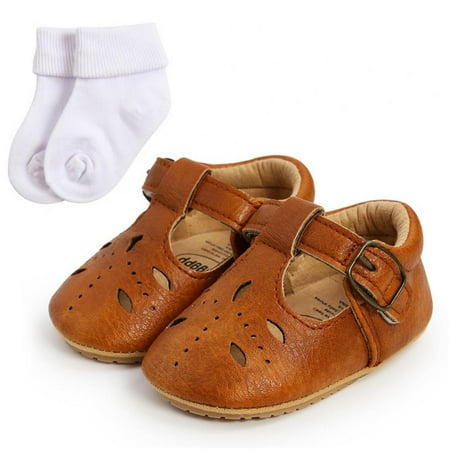 

Baby Girls Mary Jane Flats Non Slip Soft Sole PU Leather Newborn Infant Toddler First Walker Hallow Out Cirb Party Dress Shoes with Socks 0-18M