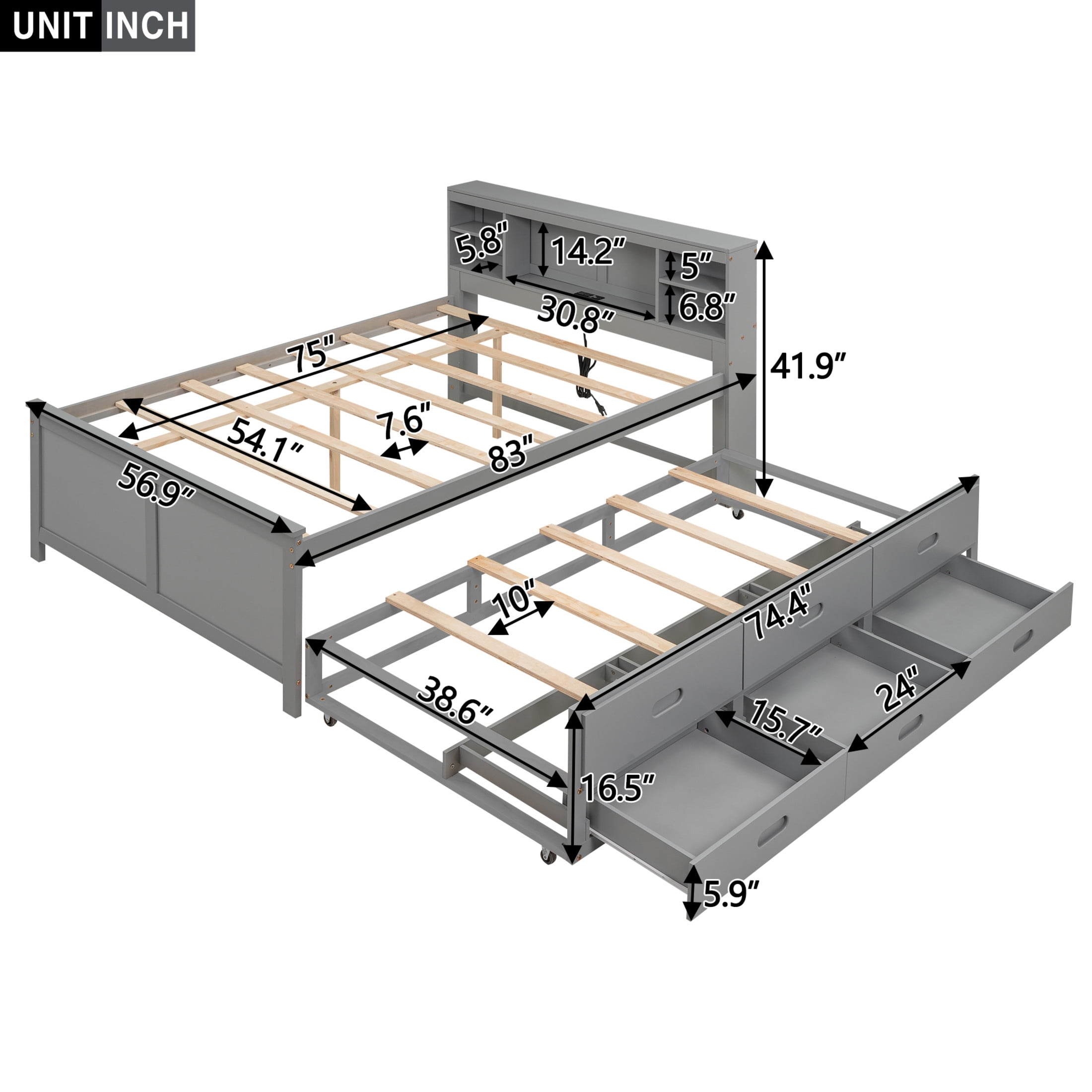 Noble House Nerissa Full Platform Bed with Bookcase Headboard, USB Ports, Extra Trundle and Storage Drawers, Gray
