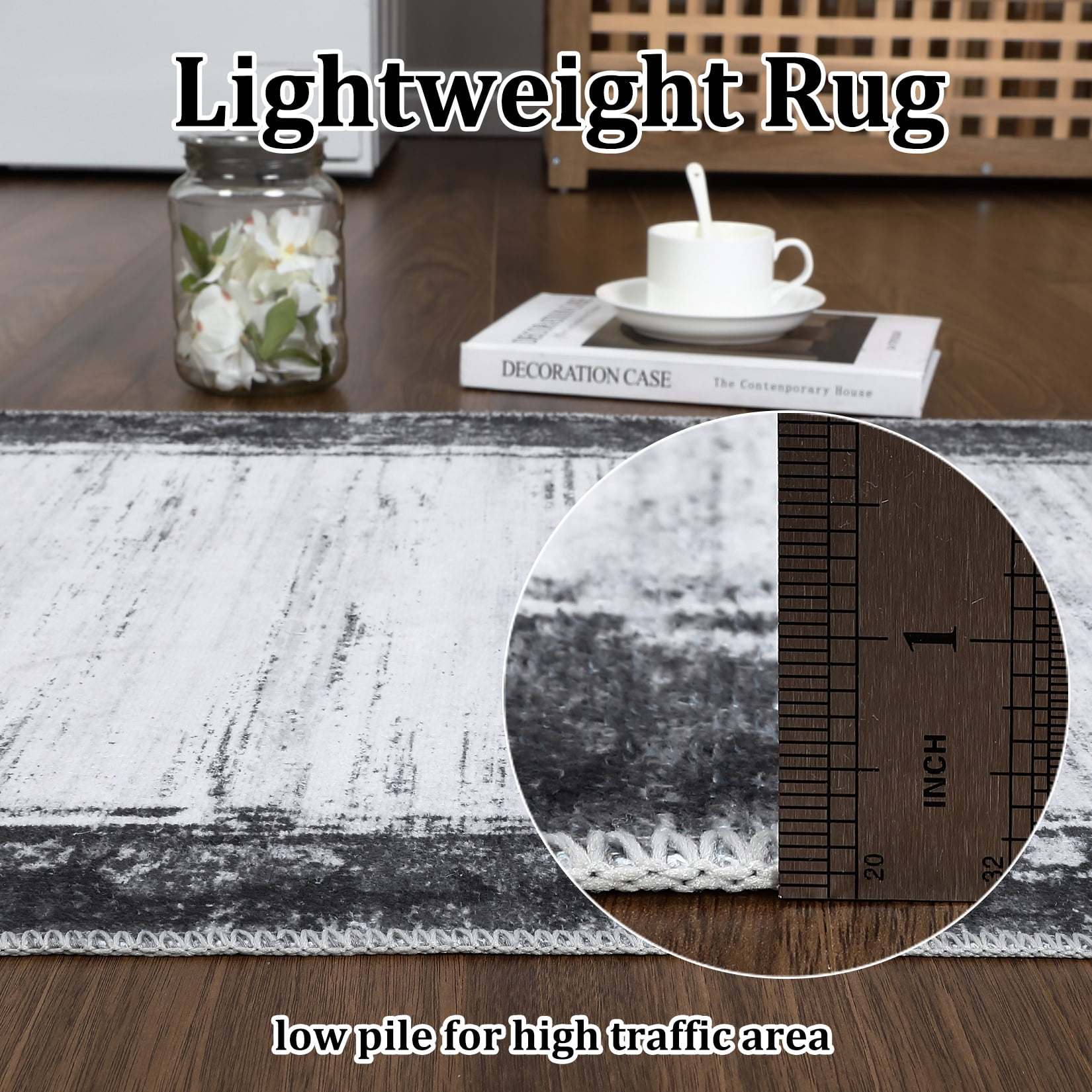 HOMERRY Washable Rugs 9'x 12' Rug for Living Room Bedroom Rug Modern Bordered Thin Indoor Carpet, Gray