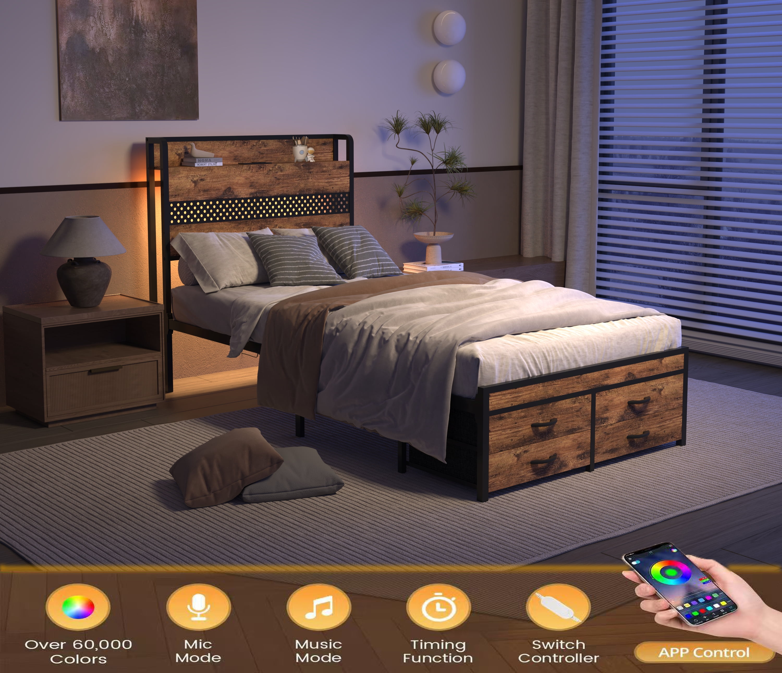 Yoneston Twin Size Kids RGB LED Platform Bed Frames with Storage Headboard, USB Charging Station and 4 Footboard Drawers for Teens Child, Brown