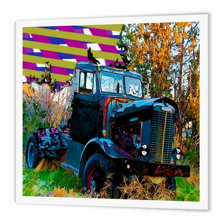 10 Inch Step Bumper - 3dRose Old Truck with Finish in Gold, Pink, Purple and Green Stripes With Sphere and Posturized Bumper, Iron On Heat Transfer, 10 by 10-inch, For White Material