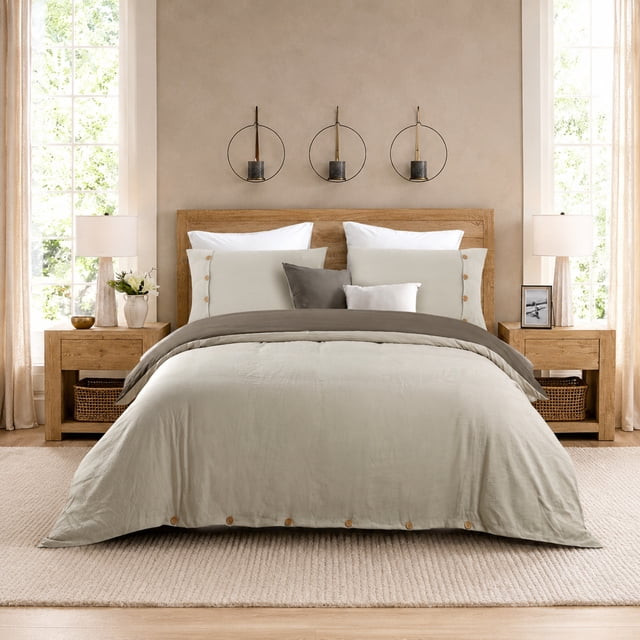 Swift Home Reversible Ultra Soft Solid Duvet Cover Set with Decorative Button Closure, Queen, Khaki