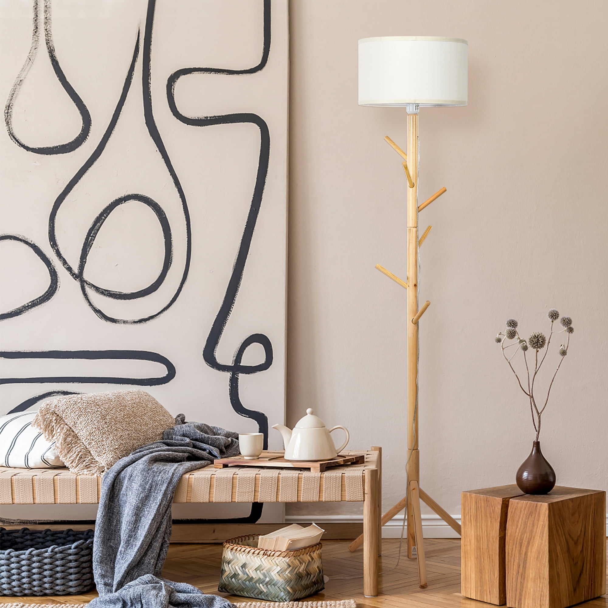 Costway Modern Wood Tripod Standing Floor Lamp Coat Rack for Living Room Bedroom Walmart