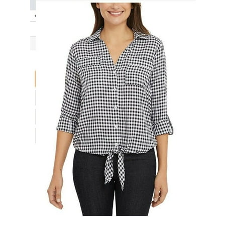 Jones New York Women's Front Tie Button Down Blouse (Baby Gingham Black, XS)