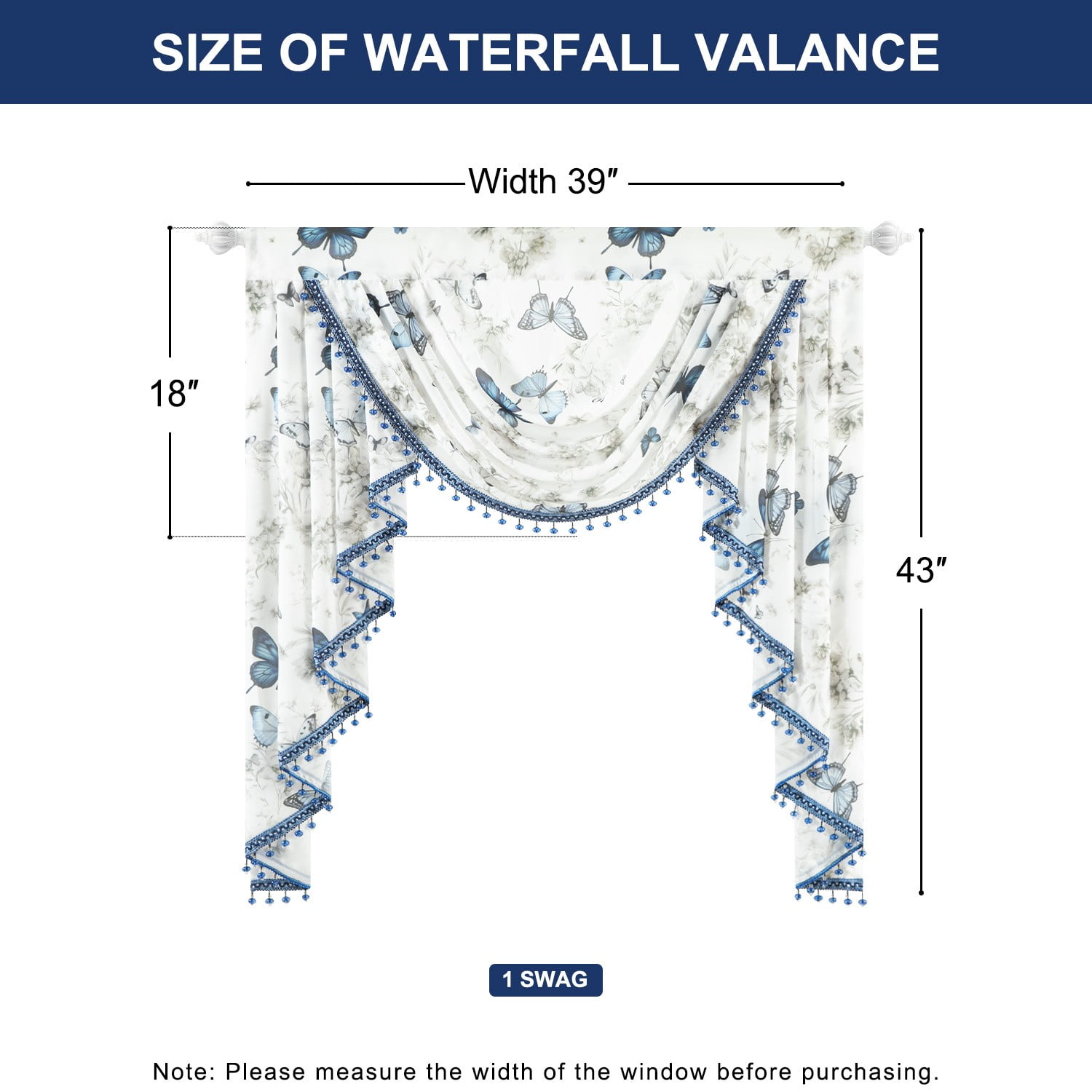 VOGOL Farmhouse Sheer Valance, Butterflies Print Waterfall Swag Curtains for Bedroom, 39x43 Inches