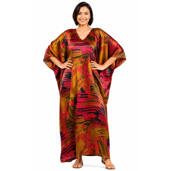 Up2date Fashion Women Satin Caftan in Crimson Waves Print, One Size Silky Kaftan Loungewear, Style Caf-80