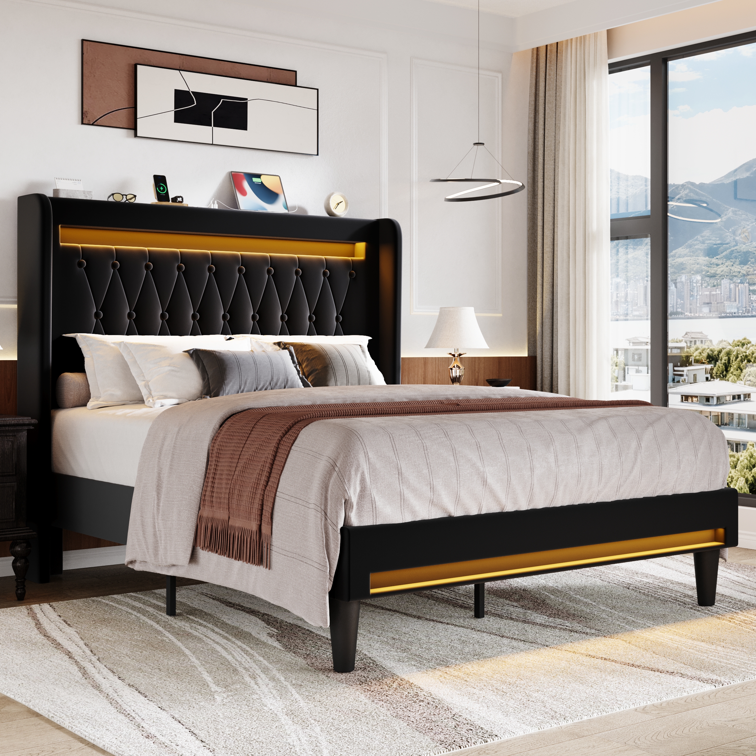 Amolife Queen Size LED Bed Frame, Upholstered Velvet Platfrom Bed with Charging Station, High Wingback Headboard & 2 Lights, No Box Spring Needed, 900 LBS Capacity, Black