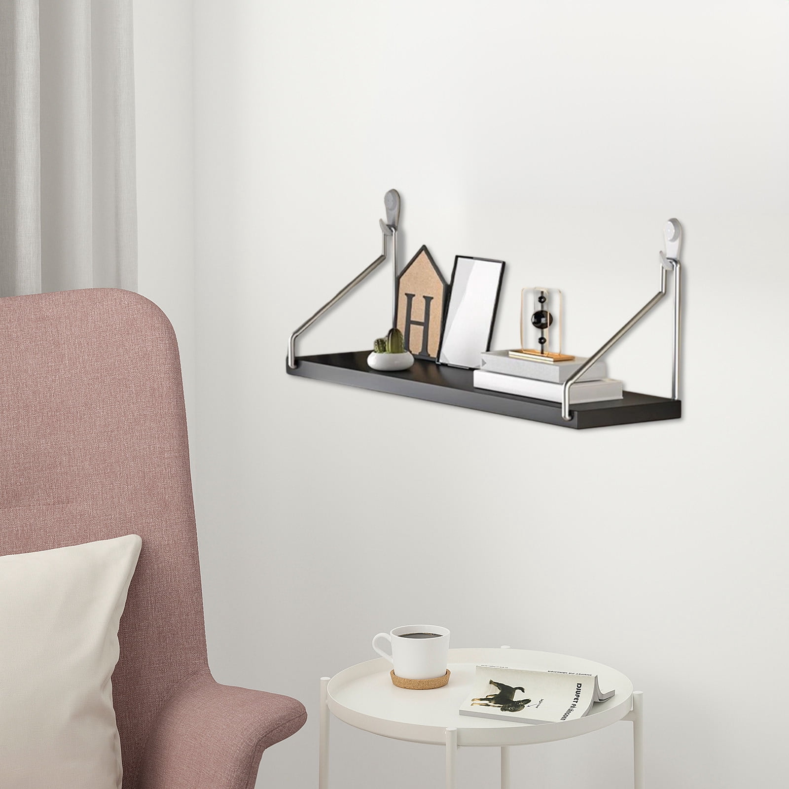 No Drill Wall Shelf with Adhesive Strips, Floating Shelves for Wall Mounted, Wooden Storage Shelf for Bedroom, Living Room, Office, Holds up to 30lbs