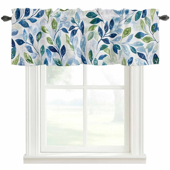 Spring Leaves Window Valance Curtain Green Blue Leaf Rod Pocket Short Curtain for Living Room, Bedroom & Kitchen Window Decor 42x18in