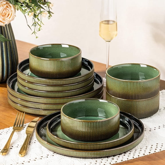 Stoneware Dinnerware Set for 4 12-Piece Mocha and Green