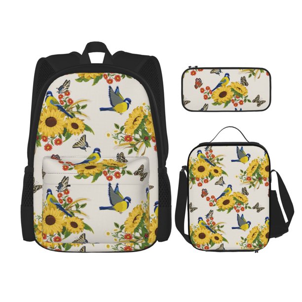 Easygdp Bird Sunflowers Mochila para Niños y Niñas con Set de Caja de Almuerzo y Estuche para Lápices 3 en 1, Mochila Escolar Estampada para Adolescentes