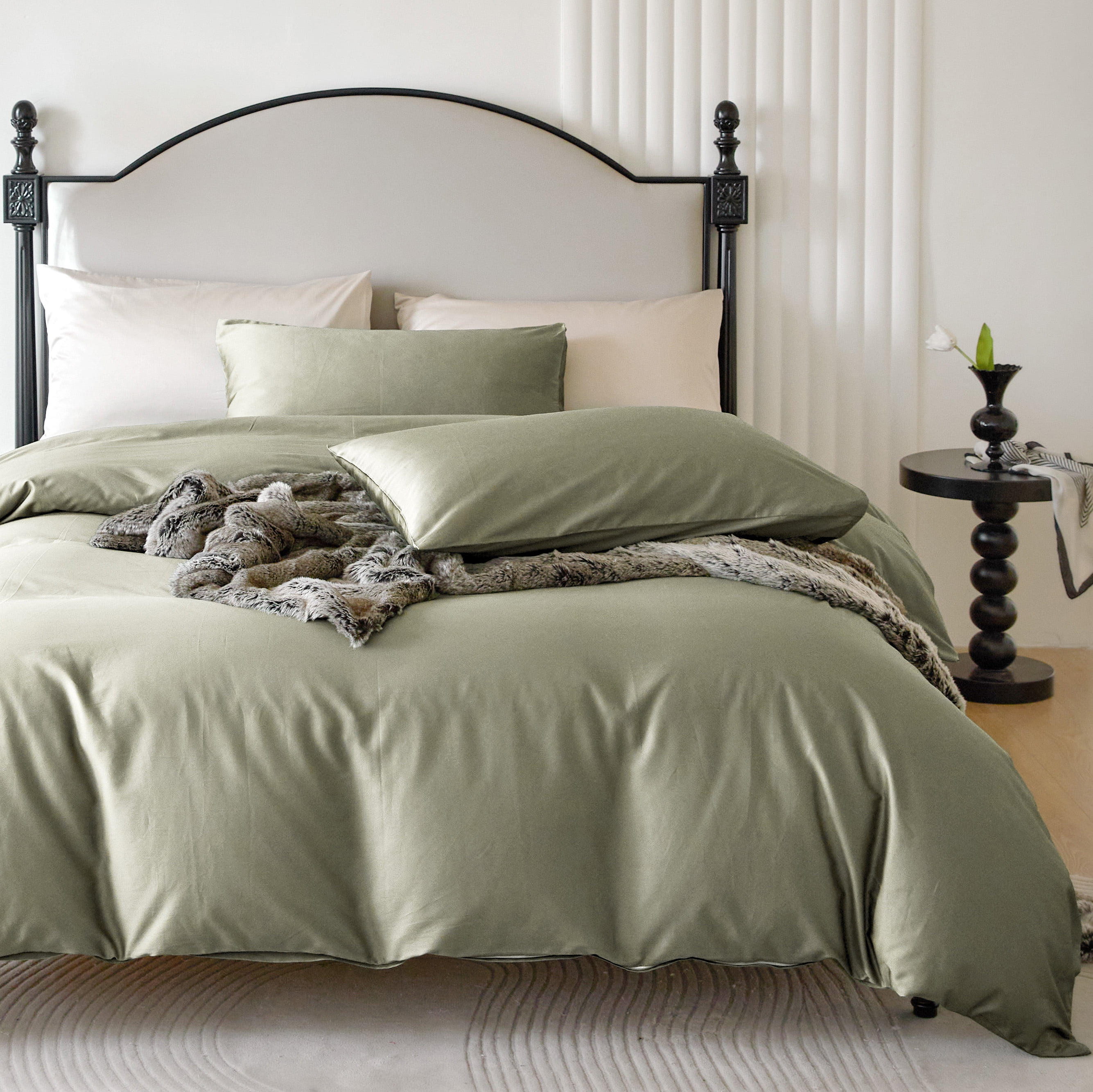PURE ERA Long Staple Cotton Duvet Cover Pillow Shams Set 800 TC Bedding Sateen Silky Soft Luster(Olive, King)