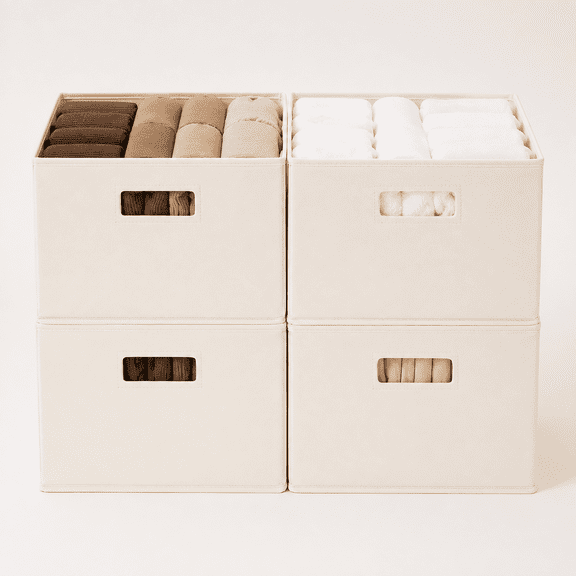 Fabric Storage Bins for Shelves, Large, 4-Pack, Ivory | Basket for Organizing Clothes, Collapsible Closet Storage Bins with Cutout Handles, Closet Organizer