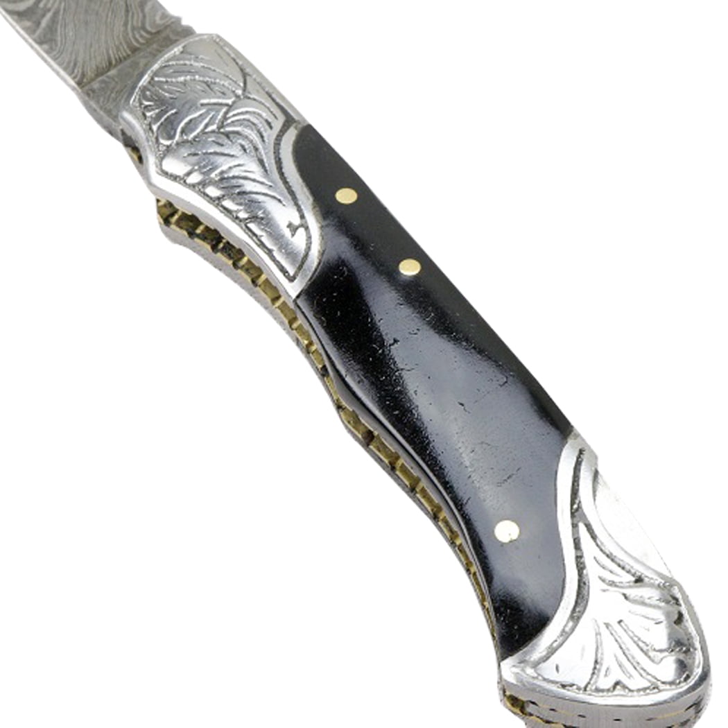 TheBoneEdge 7" Damascus Folding Knife Horn Handle Bolster Handmade with Sheath