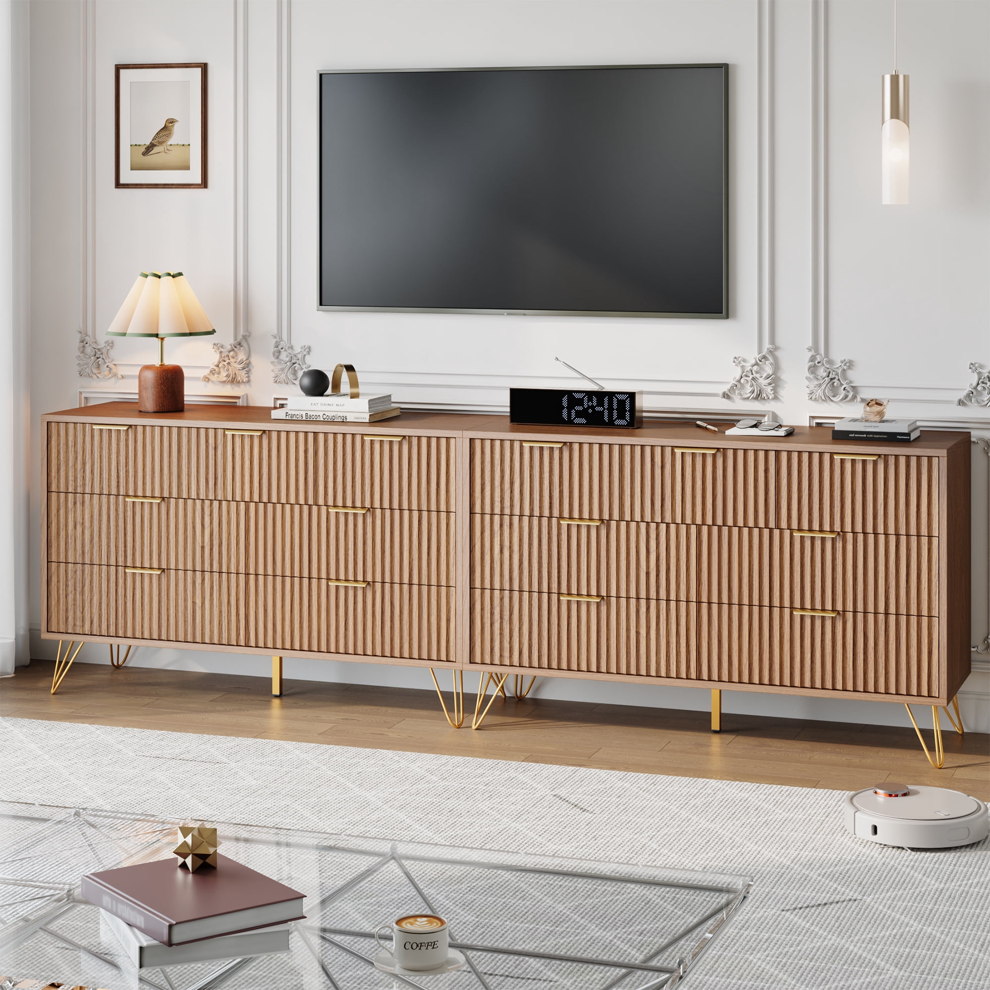 YouTrend 7 Drawer Dresser with Fluted Wood and Metal Handles Legs for Bedroom Living Room Hallway