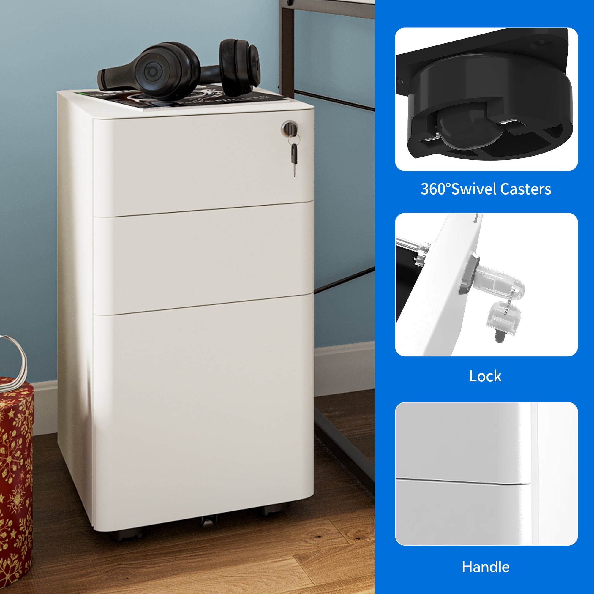 Uforic 3-Drawer Metal Office Filing Cabinet, Compact Portable and Secure File Storage Solution with Keys, Pre-Assembled for A4, Letter, and Legal Documents (White)