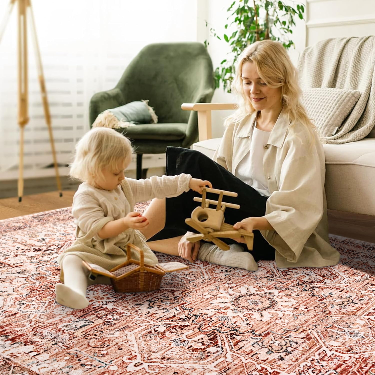Lochas Vintage Accent Rugs Distressed Print Area Rug Low Pile Carpet for Living Room Bedroom Home Decor,Beige,6'x9'