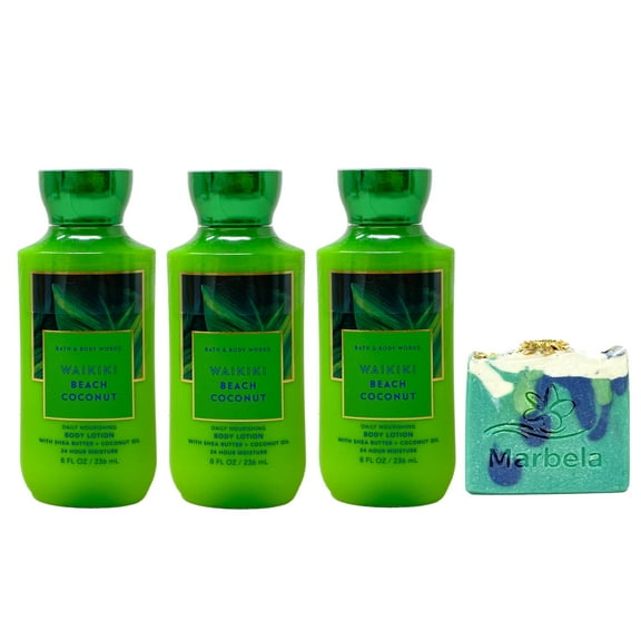 Bath & Body Works Waikiki Beach Coconut 3 Pack Body Lotion Bundle with an Aloe Vera Bar Soap - Full Size