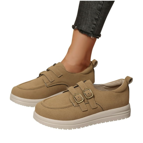 SYMOID Womens Vintage Double Buckle Casual Shoes - Comfortable Non-Slip Pu Walking Shoes for All-Day Wear, Khaki, Wide Size 36-43,Size 43